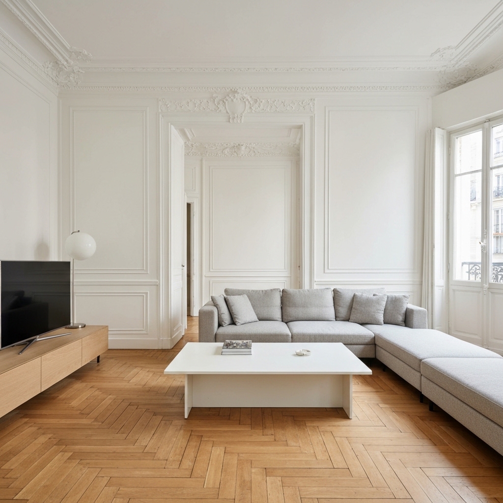 Salon d'un appartement parisien rénové par une entreprise renovation paris, alliant modernité et charme classique.