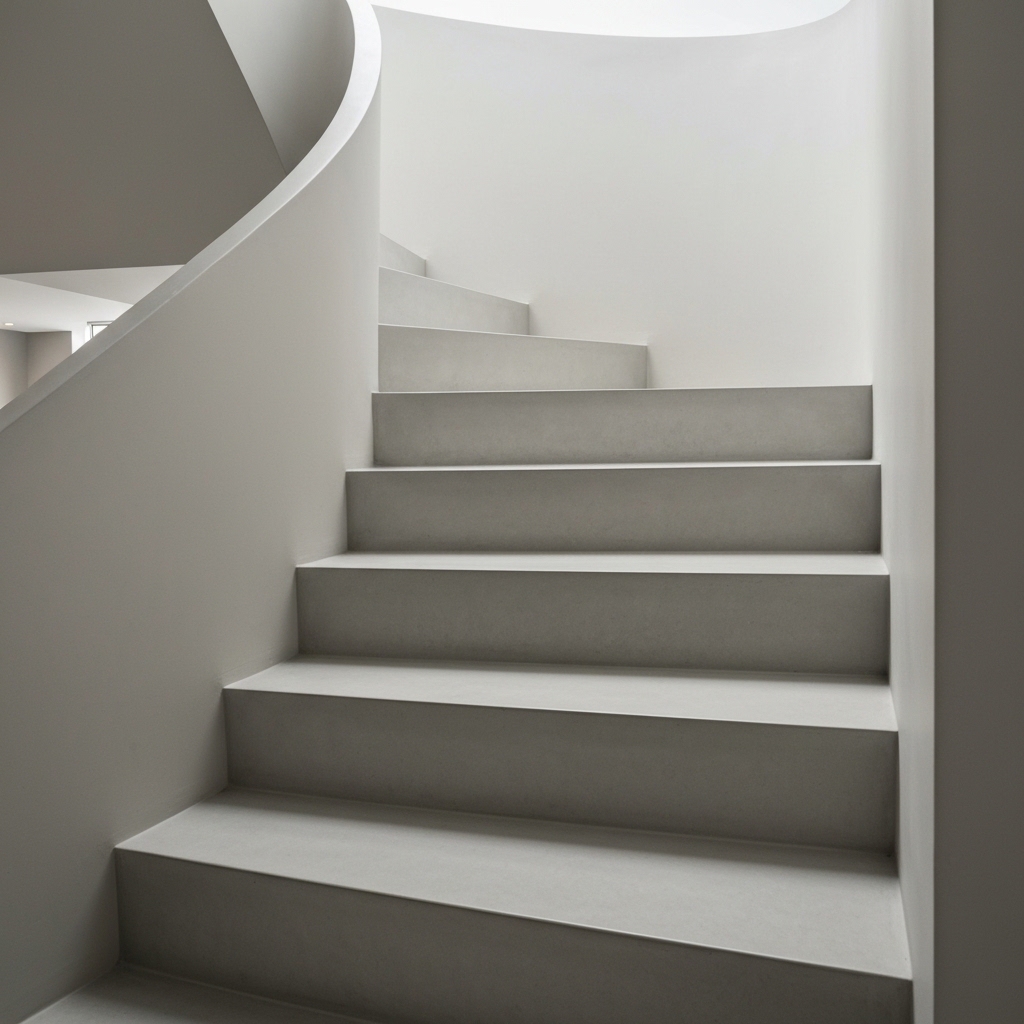 Un magnifique escalier résidentiel en béton ciré gris clair, soulignant la texture moderne et le design épuré.