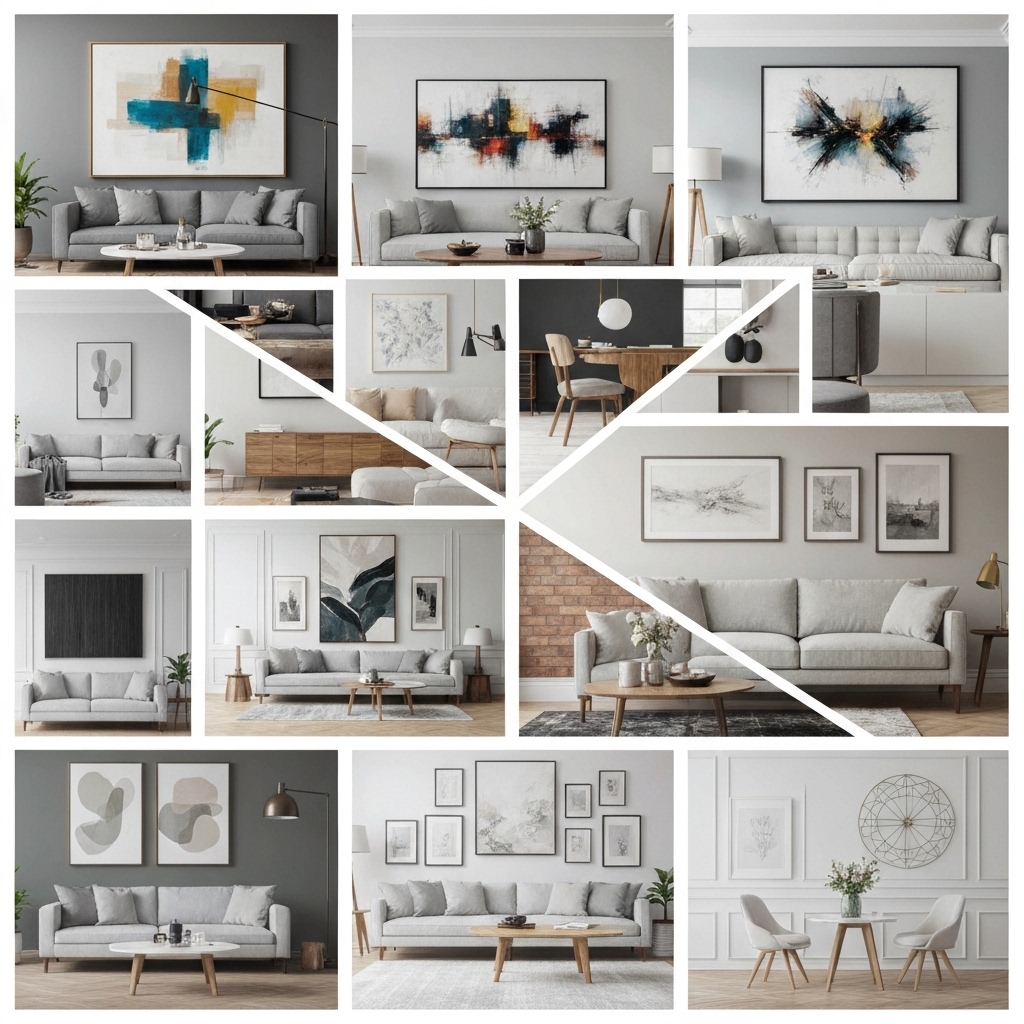 Idées de décoration murale moderne salon en collage. Tendances 2026 : art abstrait, galeries et textures variées pour un styl