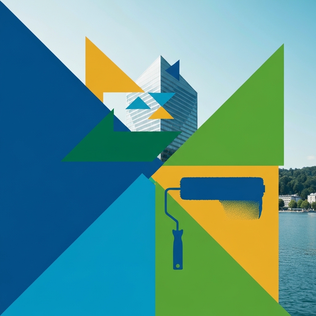 Image géométrique abstraite: rouleau de peintre vibrant sur fond de Genève. Meilleurs artisans peintre Genève 2026, expertise