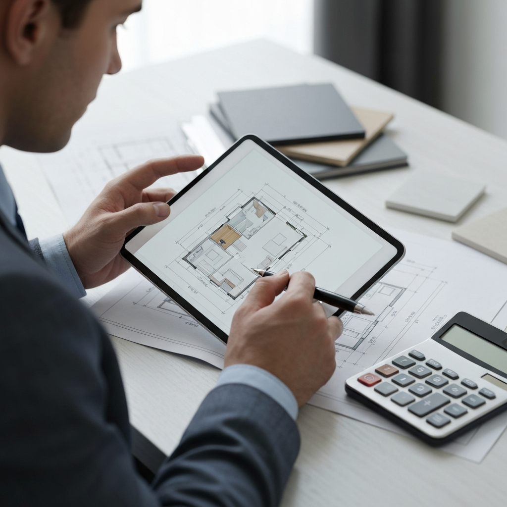 Prix rénovation complète maison Genève: Planification professionnelle avec blueprints et matériaux pour estimer le coût.