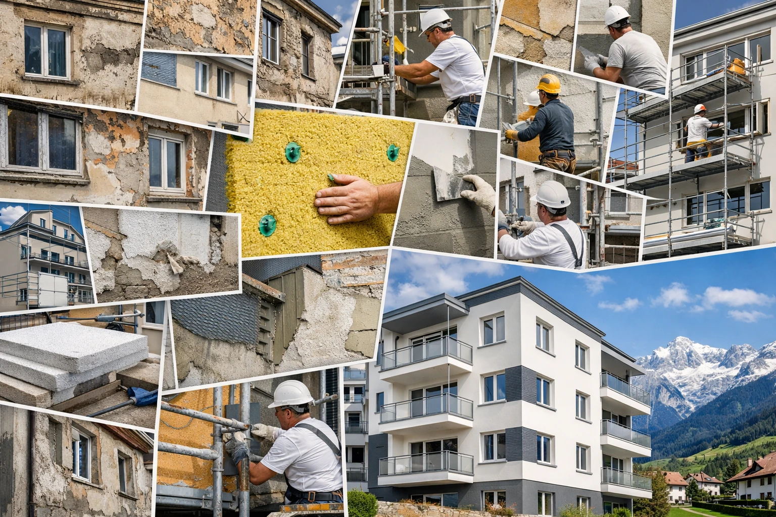 Collage photos étapes rénovation façade VD: coût moyen m2, matériaux, ouvriers, façade neuve. Guide 2026.