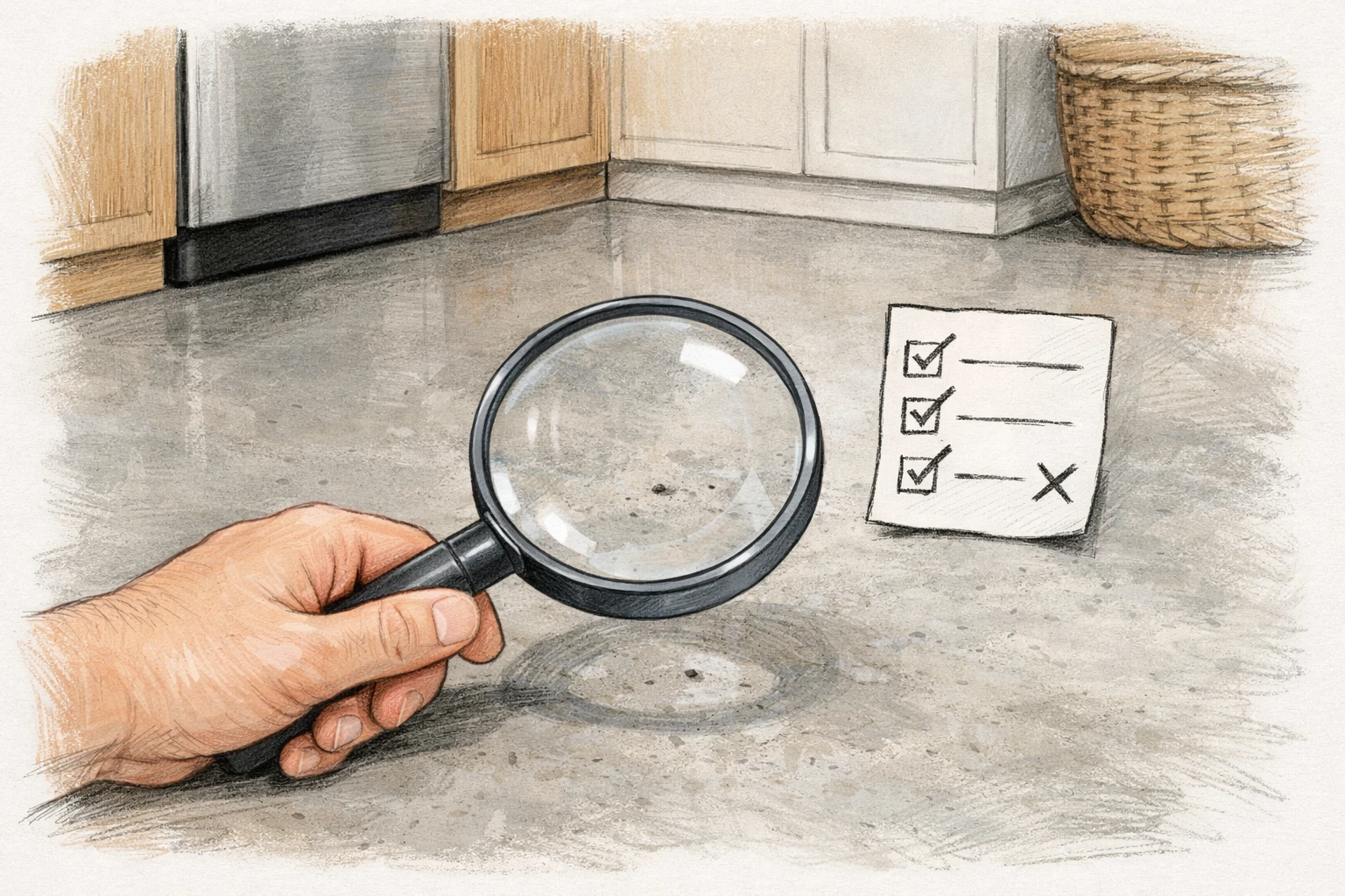 Main examinant un sol en béton ciré de cuisine avec loupe et checklist. Avis des propriétaires sur le béton ciré.