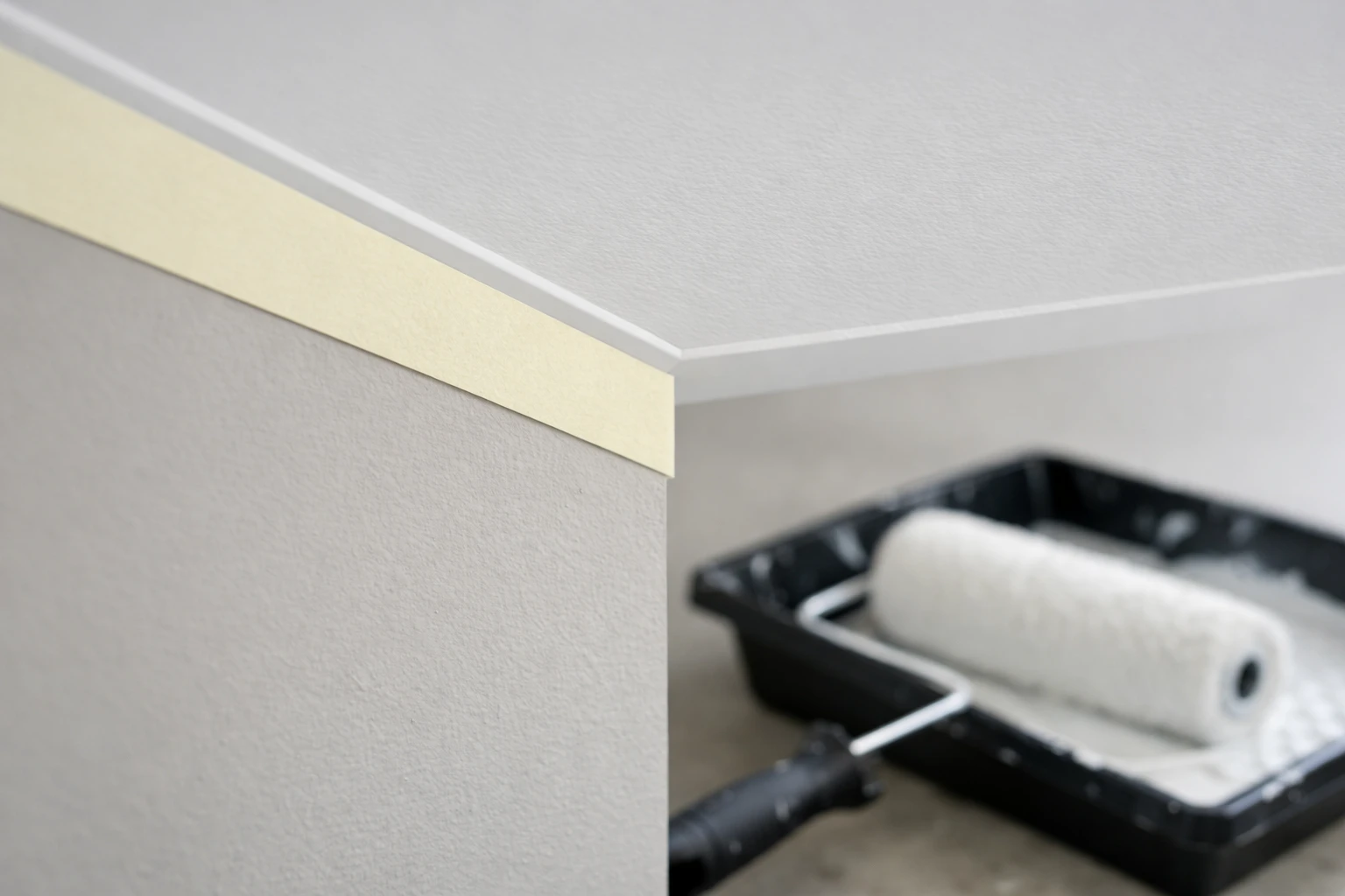 Préparation professionnelle pour peindre un plafond sans traces : ruban de masquage impeccable et rouleau prêt.