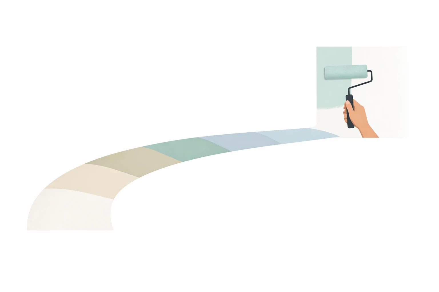 Image montrant comment choisir couleur peinture salon zen: une main avec rouleau de peinture, 5 échantillons de couleurs douc