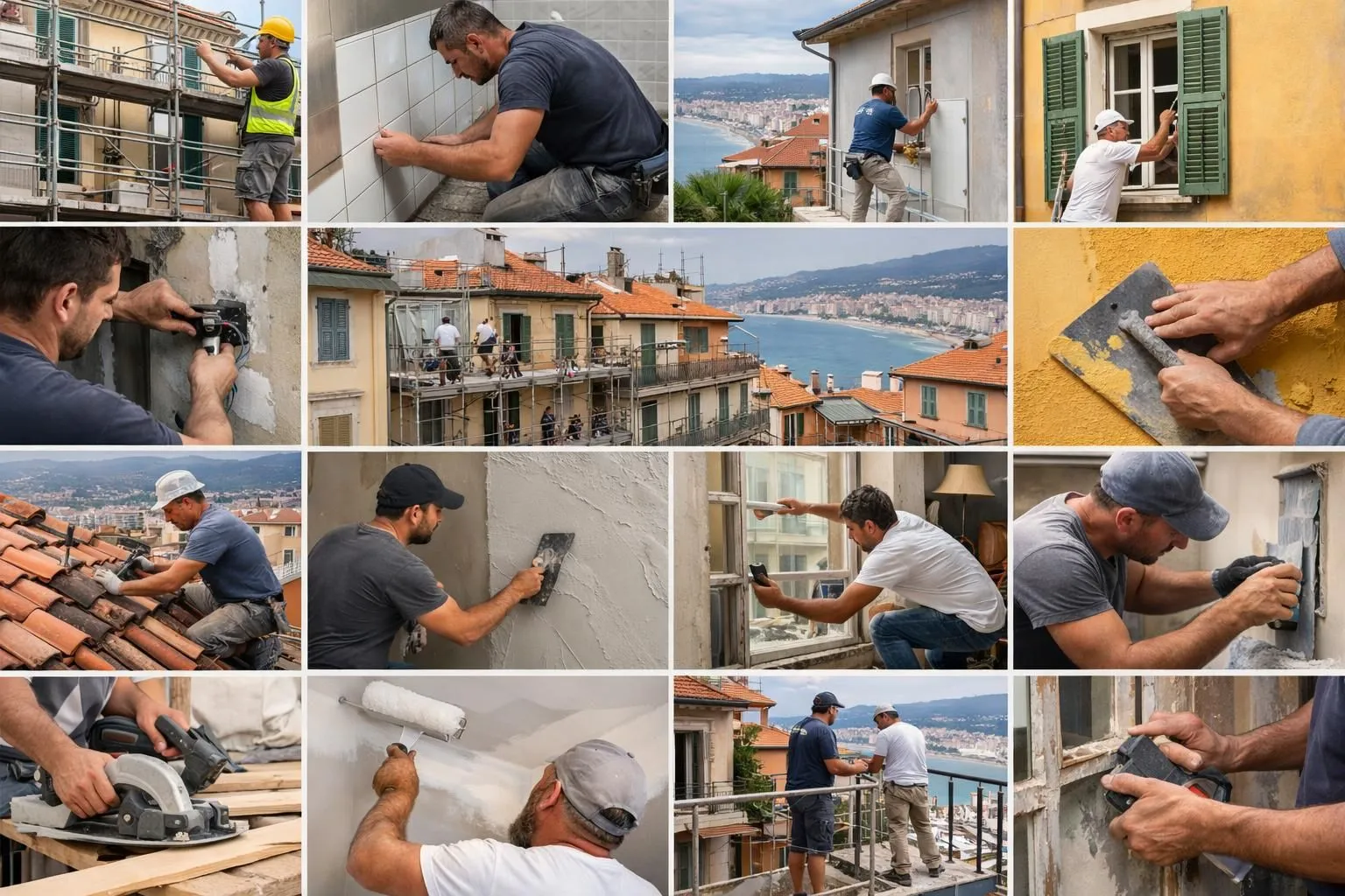 Collage authentique d'une entreprise de rénovation à Nice. Aperçu diversifié de chantiers et experts en action.