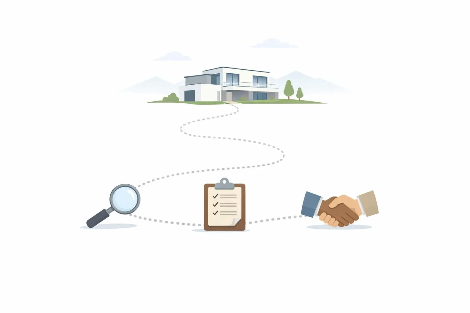 Illustration minimaliste montrant le processus pour choisir la bonne entreprise rénovation en Suisse: recherche, devis, accor