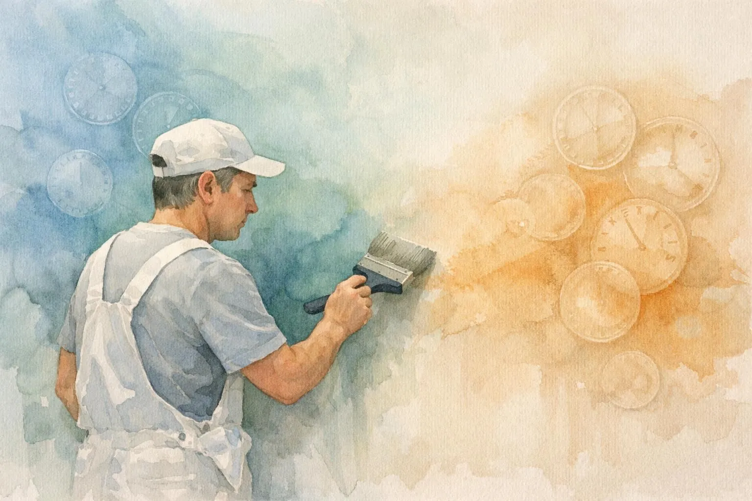 Peintre suisse ajustant son tarif horaire en 2026, illustration aquarelle douce et fluide.