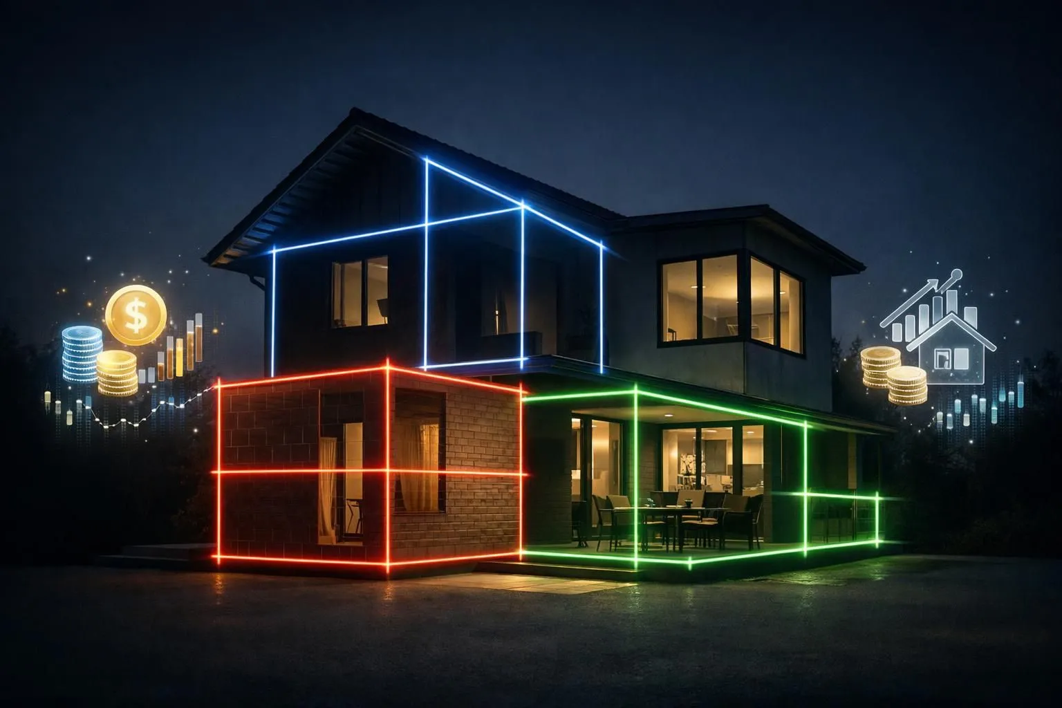 Façade de maison futuriste illuminée au néon avec des données holographiques sur le prix rénovation façade maison.
