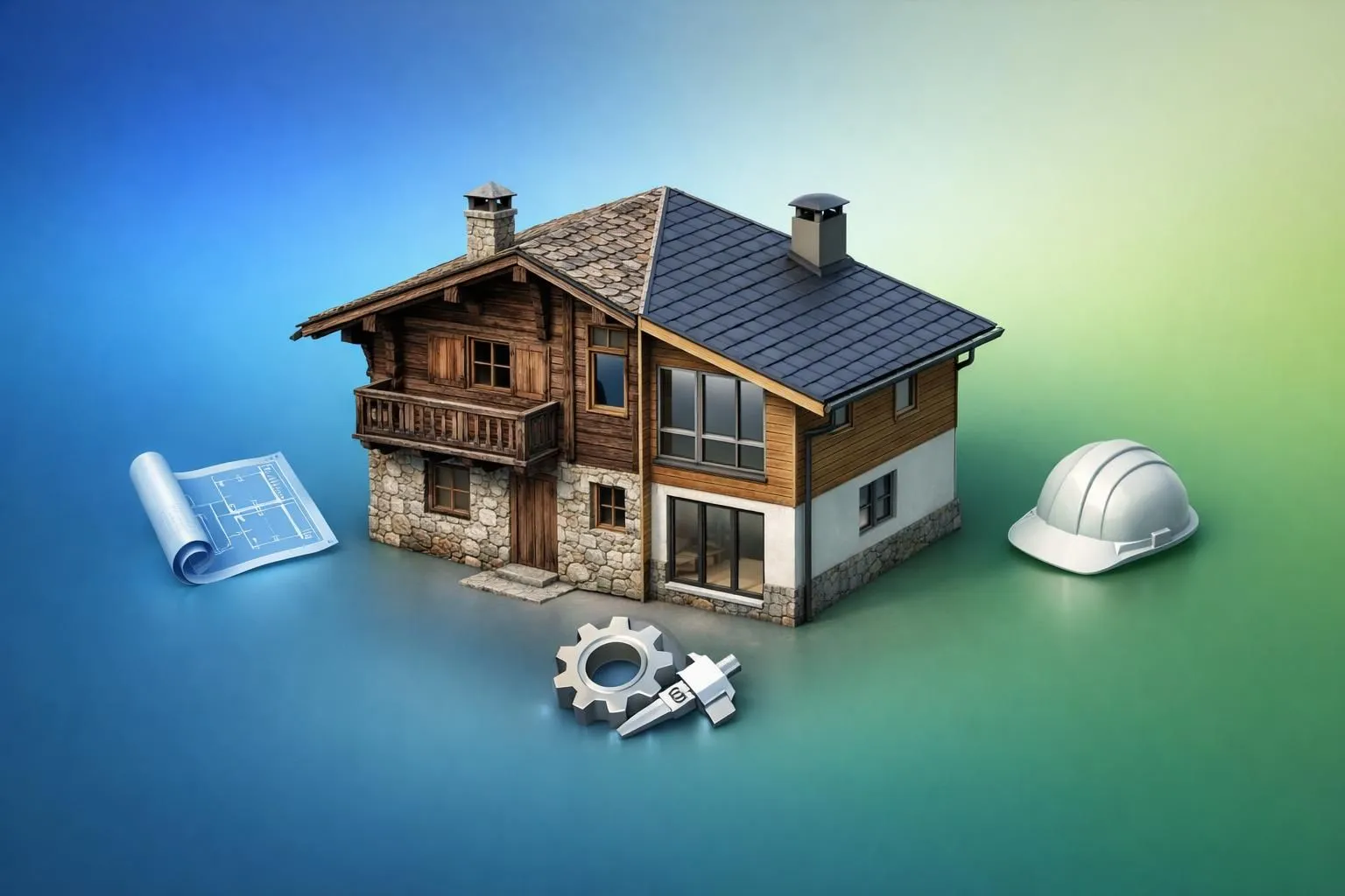 Illustration d'une entreprise de renovation maison ancienne en Suisse: un chalet rénové sur fond dégradé avec icônes tech.