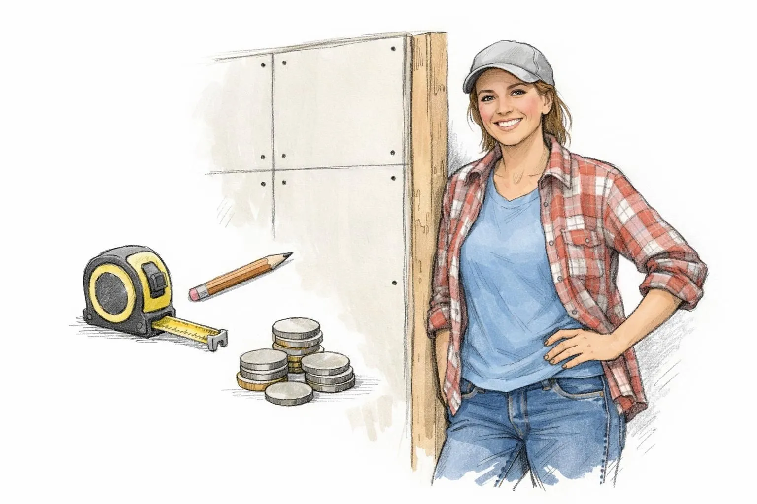 Dessin d'une personne souriante devant une cloison sèche en construction, avec des pièces de monnaie. Pose de cloisons sèches