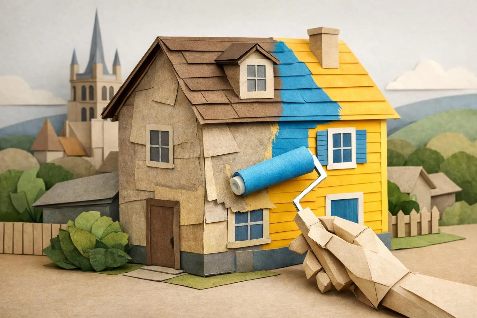 Entreprise peinture Lausanne: maison en papier avec rouleau de peinture appliquant couleur fraîche. Votre projet mérite.