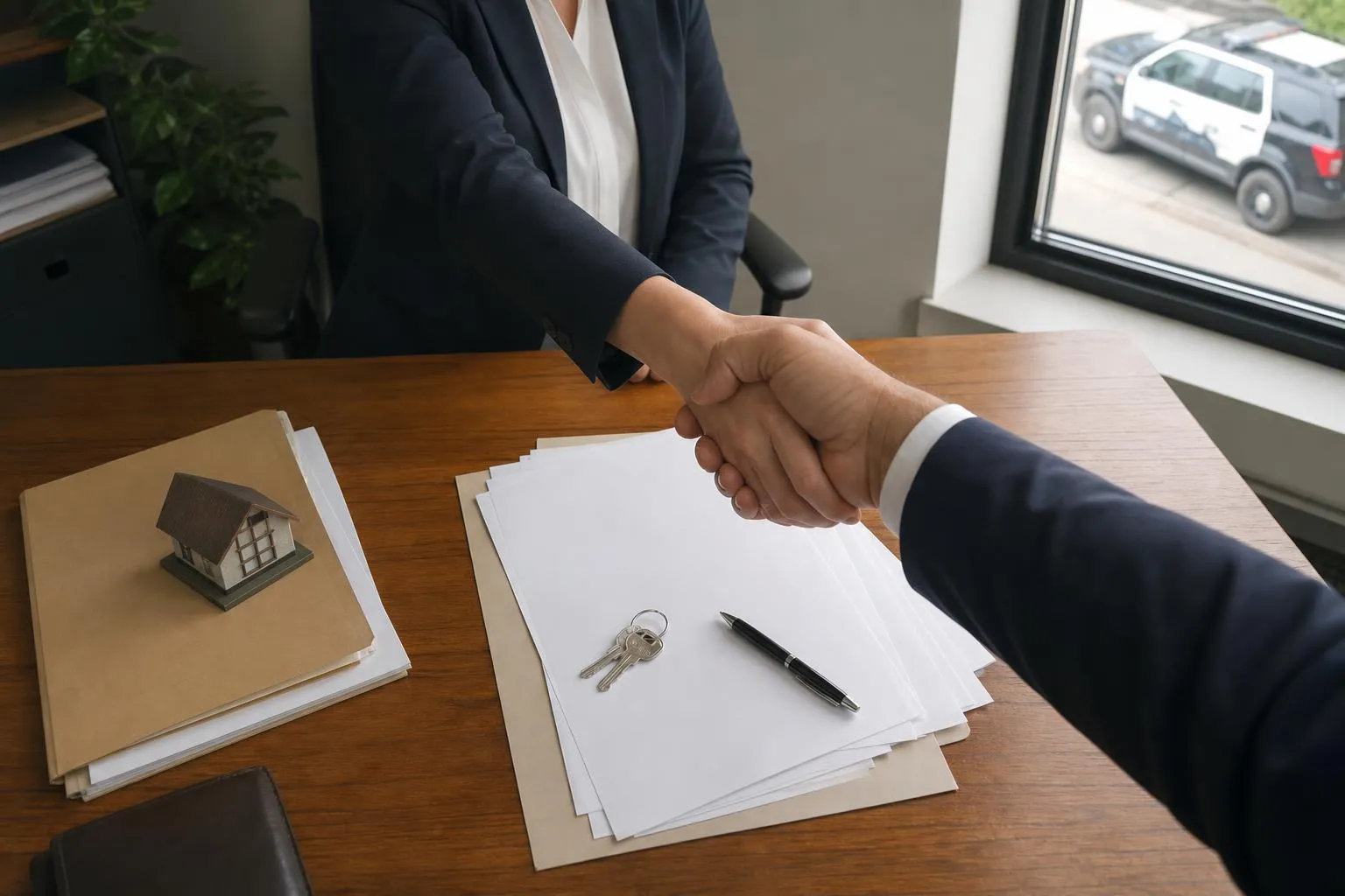 Two business people shaking hands over a desk with documents.