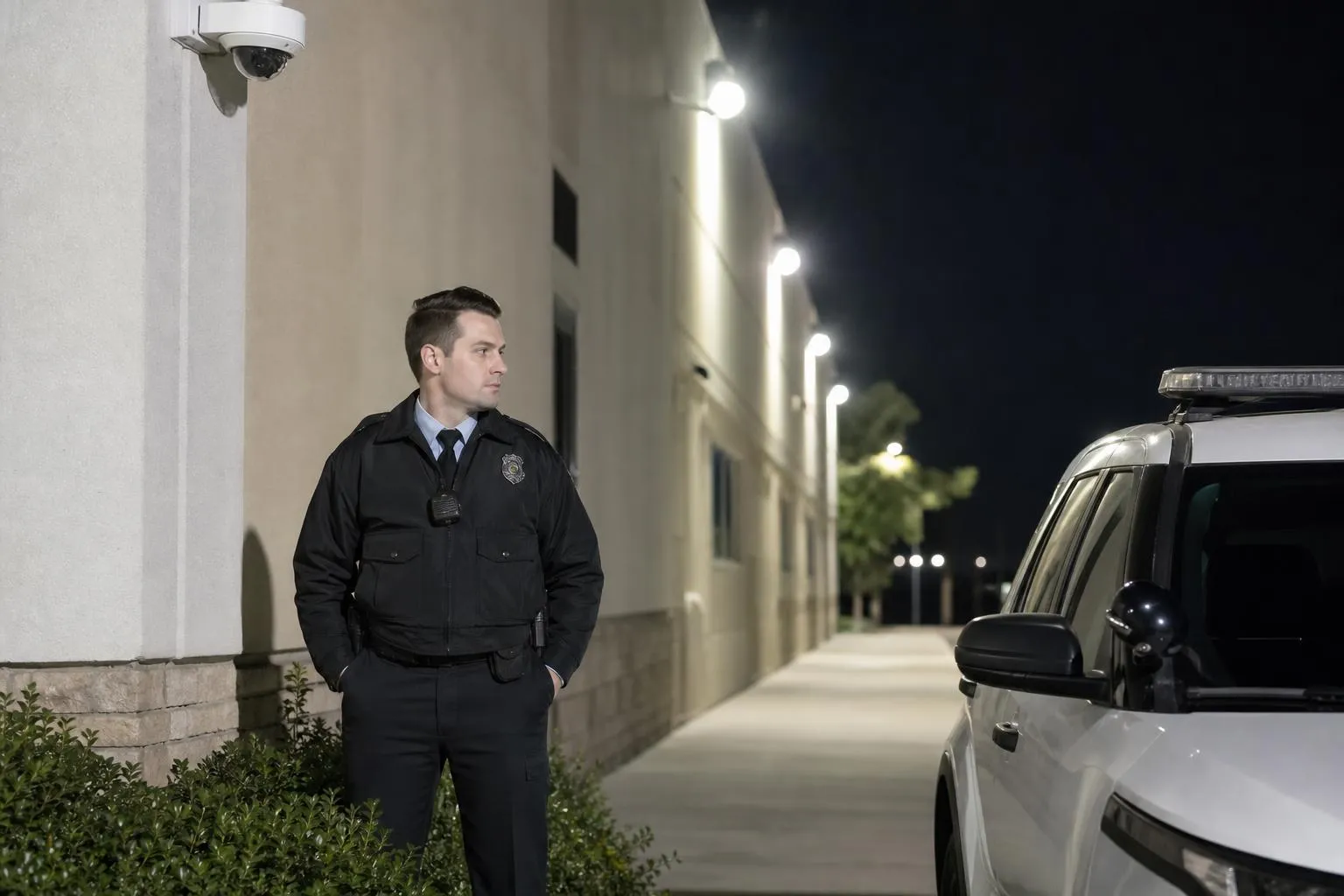 A police officer standing guard near a police vehicle at night.