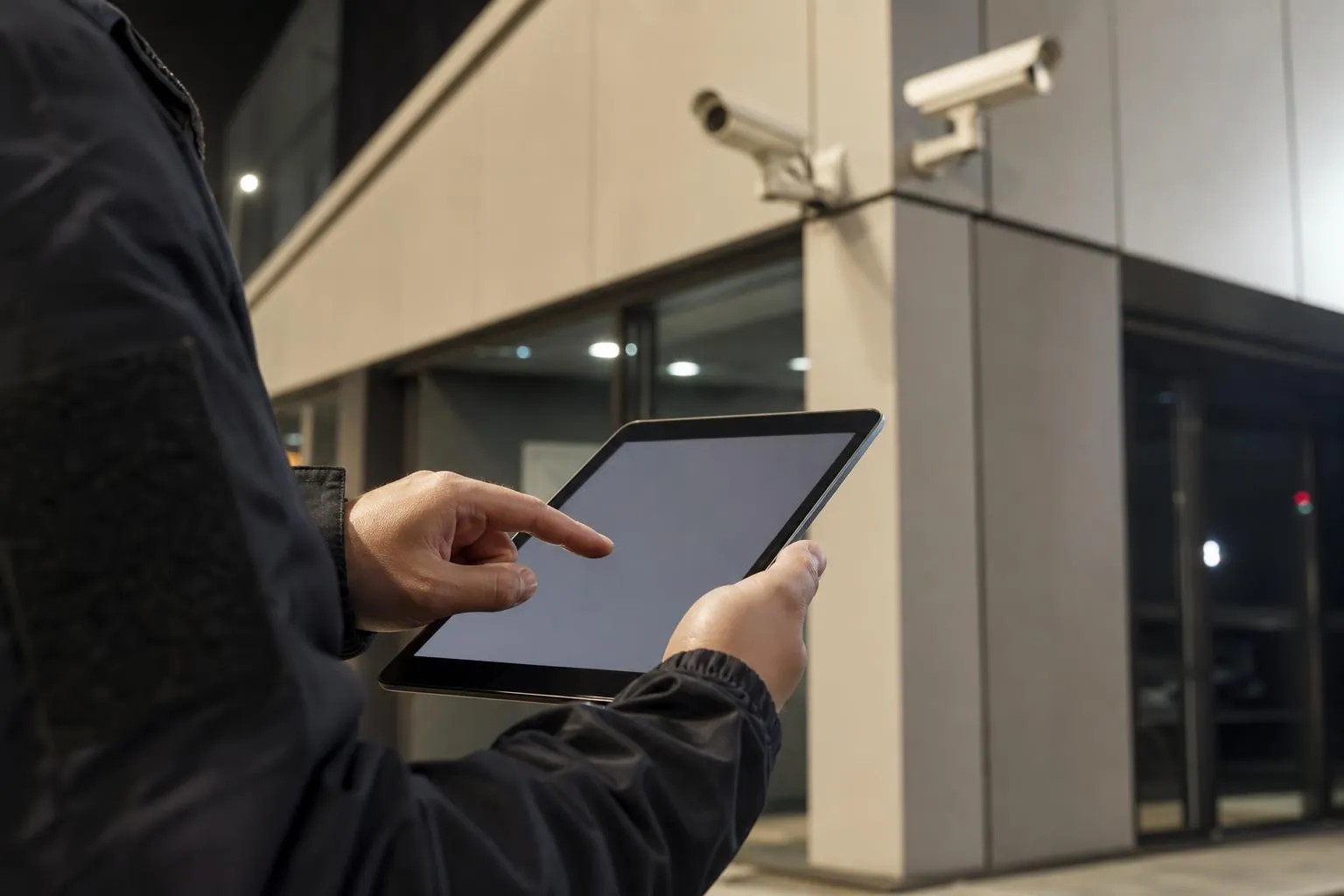 Person holding a tablet in a surveillance camera-equipped environment.