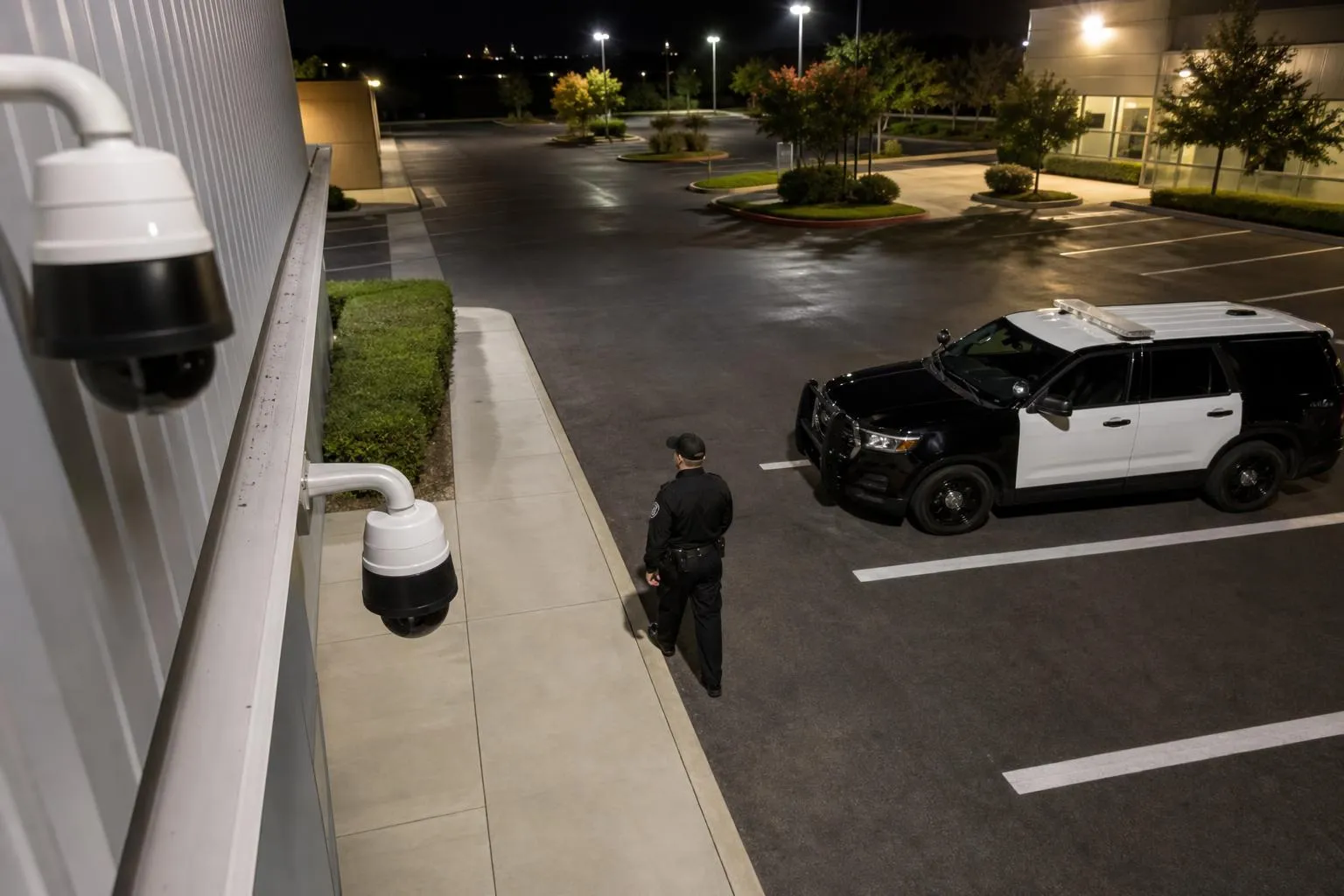Nighttime parking lot with security camera, police vehicle, and person walking.