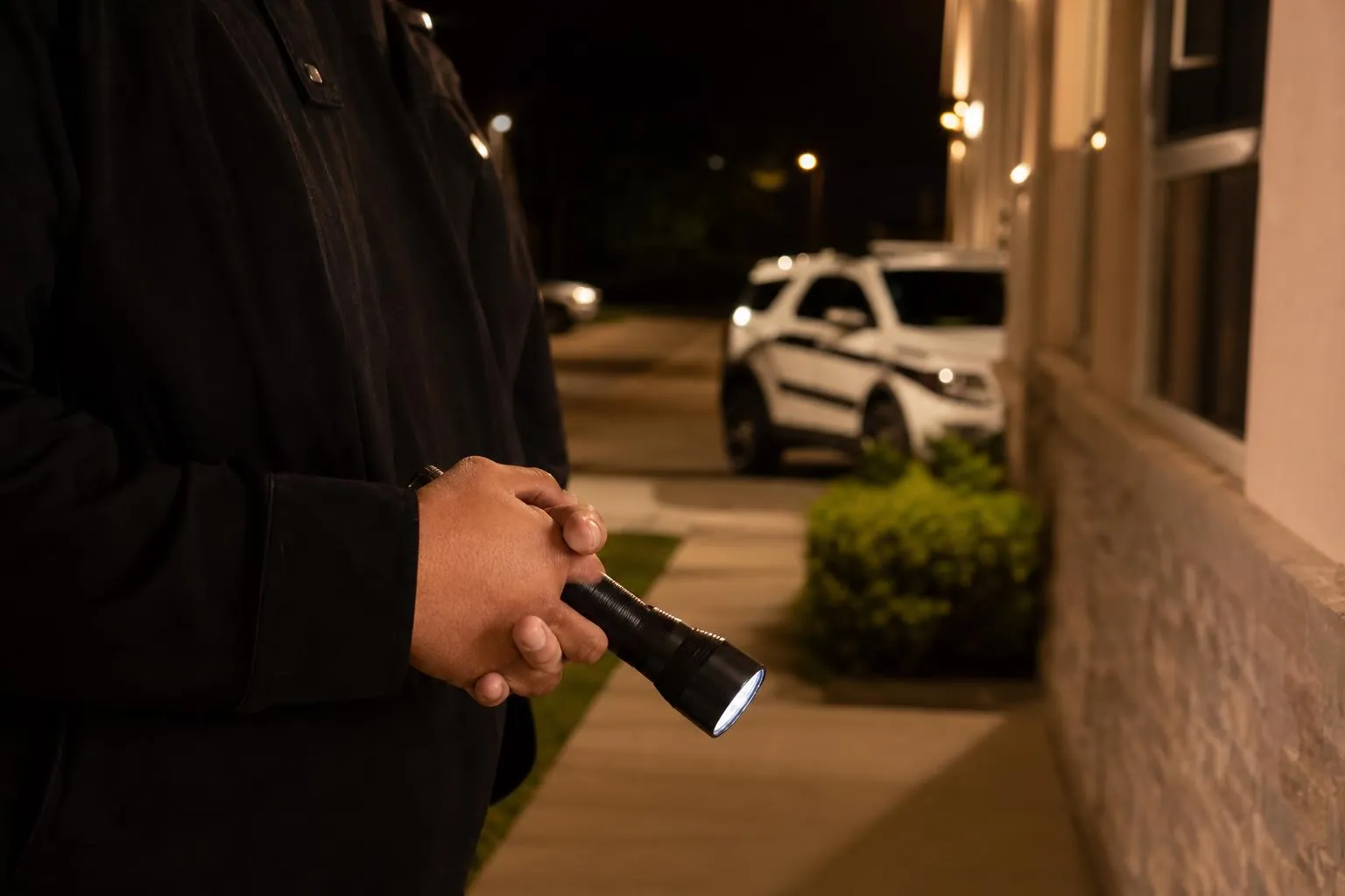 A person's hand holding a flashlight in a dark setting.