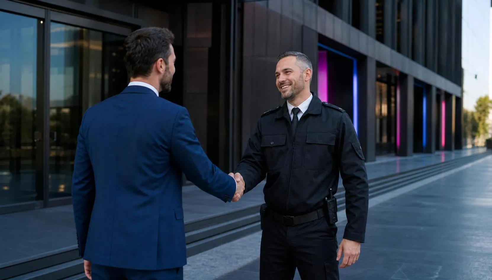 Two men shaking hands in front of a modern building.