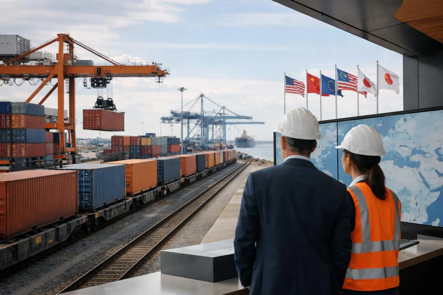 Deux personnes en tenue de sécurité observant un port de conteneurs avec des grues et des drapeaux internationaux.