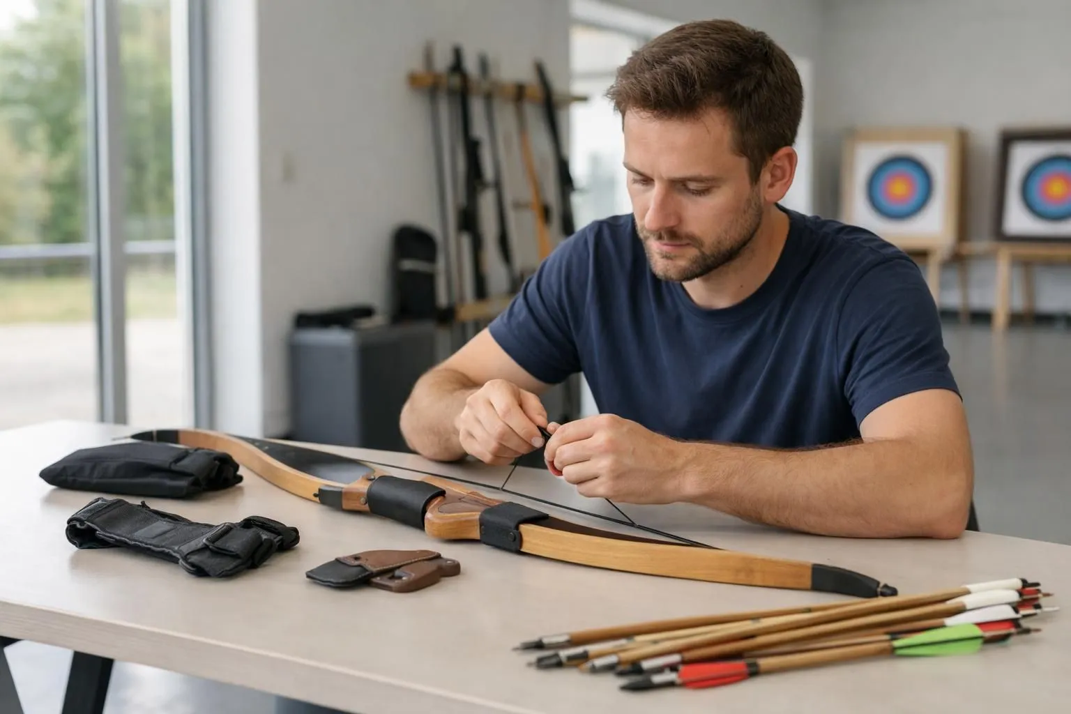 Archer débutant dans un club français préparant son arc traditionnel sur une table, entouré de flèches en carbone, protège-bras et palette de tir, lumière naturelle par une grande fenêtre, environnement moderne et épuré