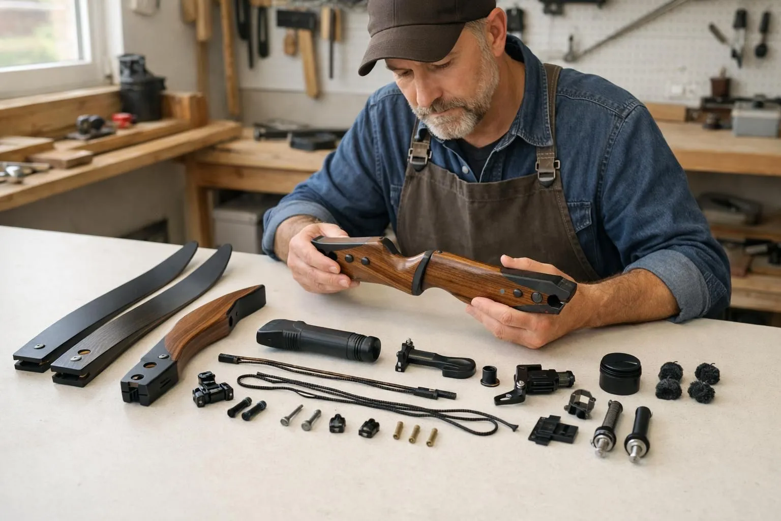 Arc recurve démontable posé verticalement avec ses branches détachées et visibles à côté de la poignée, sur une surface en bois claire dans un atelier de tir à l'arc avec lumière naturelle. L'image montre les trois composants principaux clairement séparés pour illustrer le principe du démontable. Aucun texte, logo ou étiquette visible.