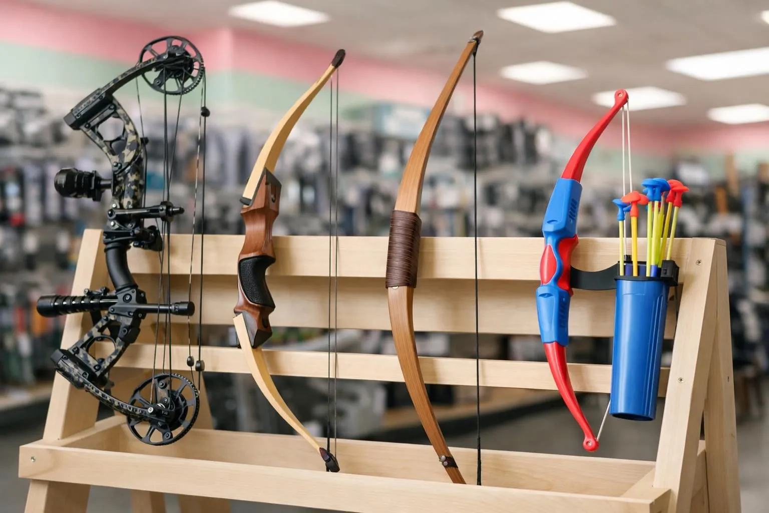 Four different archery bow types arranged in a sporting goods store display: a modern recurve bow, a compound bow with pulleys, a traditional wooden longbow, and a colorful children's bow with suction cups, showing the variety of equipment available for purchasing archery bows