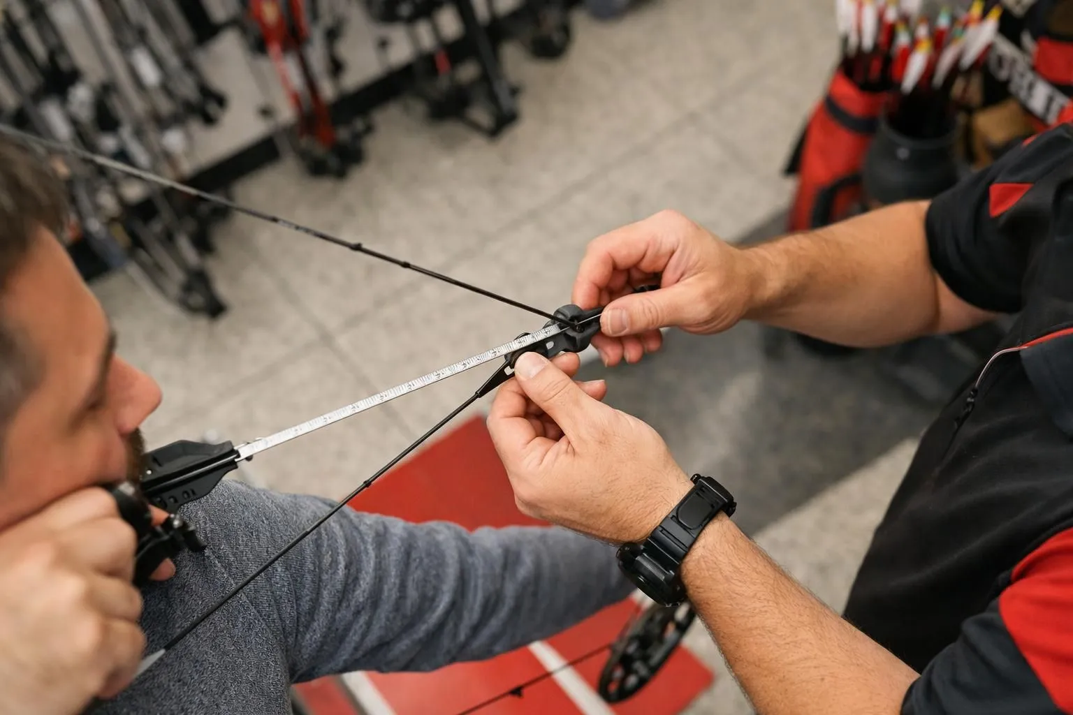 Archery specialist in professional shop measuring customer's draw length with precise equipment, comparing with basic retail store setting, realistic photography showing technical consultation process