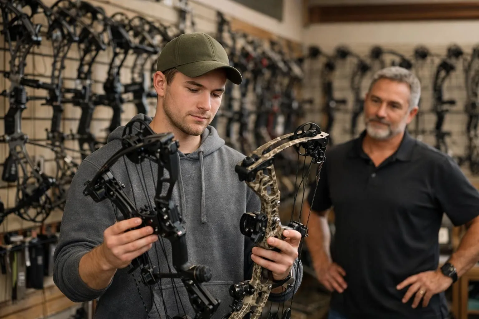 Archer débutant dans une boutique spécialisée comparant trois types d'arcs différents tenus côte à côte, vendeur expert en arrière-plan pointant les caractéristiques, ambiance professionnelle avec murs d'arcs en exposition, éclairage naturel, scène réaliste de conseil personnalisé en archerie