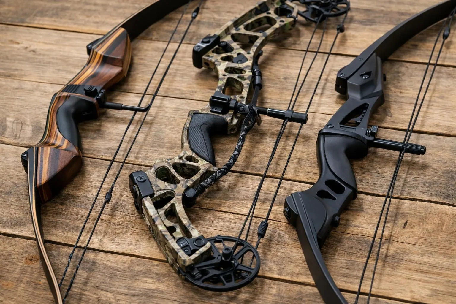 Three archery bows displayed side by side on a neutral wooden surface - a recurve bow with sight and stabilizers, a compound bow with cams and cables, and a traditional longbow. Natural lighting highlighting their structural differences. Professional product photography style for sporting goods retail. No text, labels, or logos visible.
