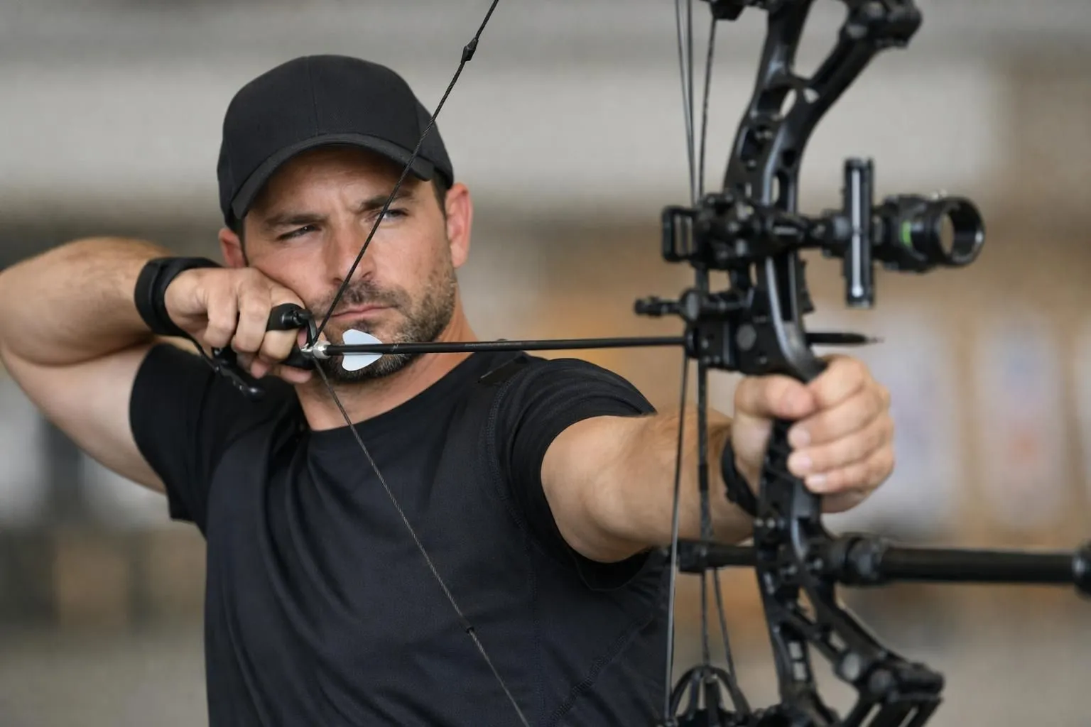 Archer en position de tir avec un arc à poulie noir moderne dans un stand de tir intérieur professionnel, éclairage focalisé sur l'équipement technique avec poulies visibles, posture concentrée montrant la stabilité du maintien, arrière-plan neutre avec cible floue, ambiance sportive et technique
