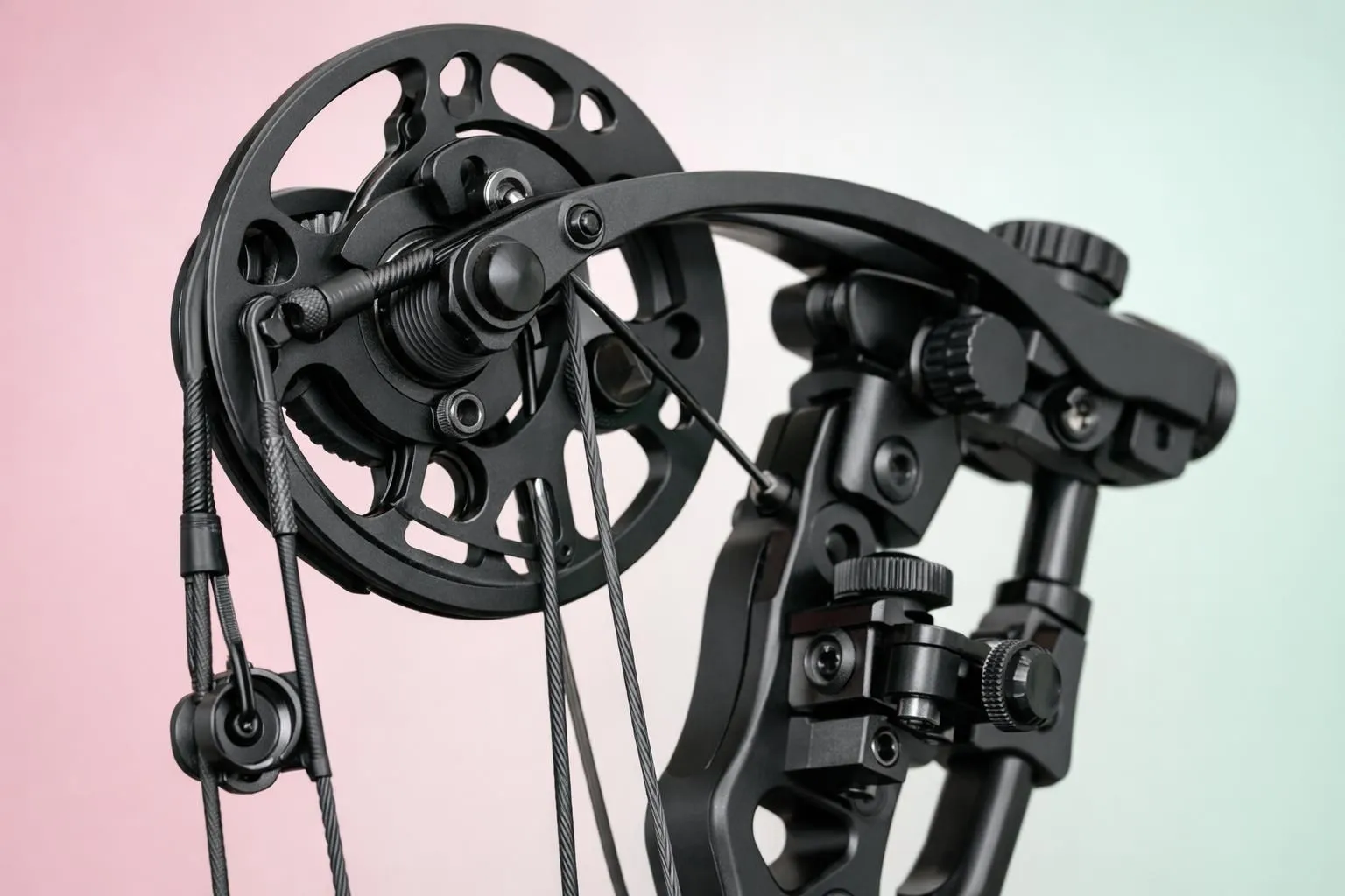 Gros plan photographique sur les composants techniques d'un arc à poulie moderne, montrant clairement les poulies excentriques, les câbles tendus, le système de réglage de l'allonge et les vis de puissance, fond neutre pour mettre en valeur la mécanique précise de l'équipement