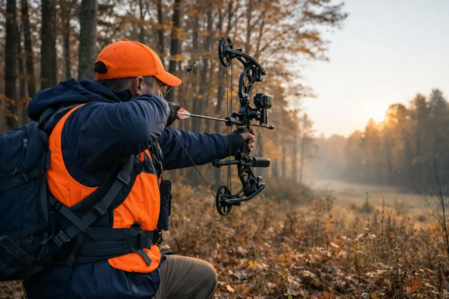 Hunter aiming compound hunting bow in autumn forest at sunrise, professional equipment visible, realistic outdoor hunting scene without any text or labels