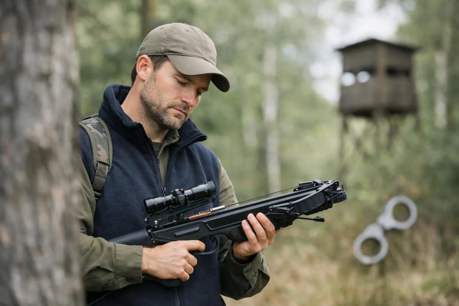 Hunter examining crossbow in outdoor forest setting with thoughtful expression, symbolizing ethical considerations and legal restrictions surrounding crossbow hunting in France