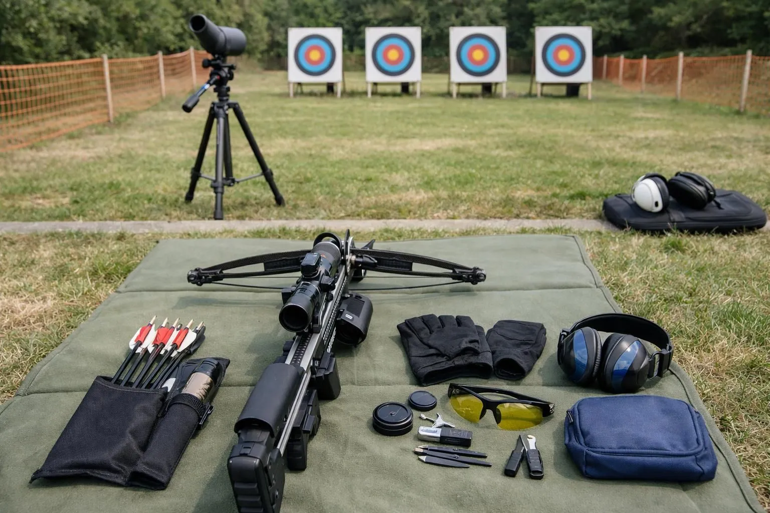 Archer adjusting a modern competition crossbow on an outdoor range, with targets visible in the background and safety equipment nearby, capturing the legal recreational practice of crossbow shooting in France