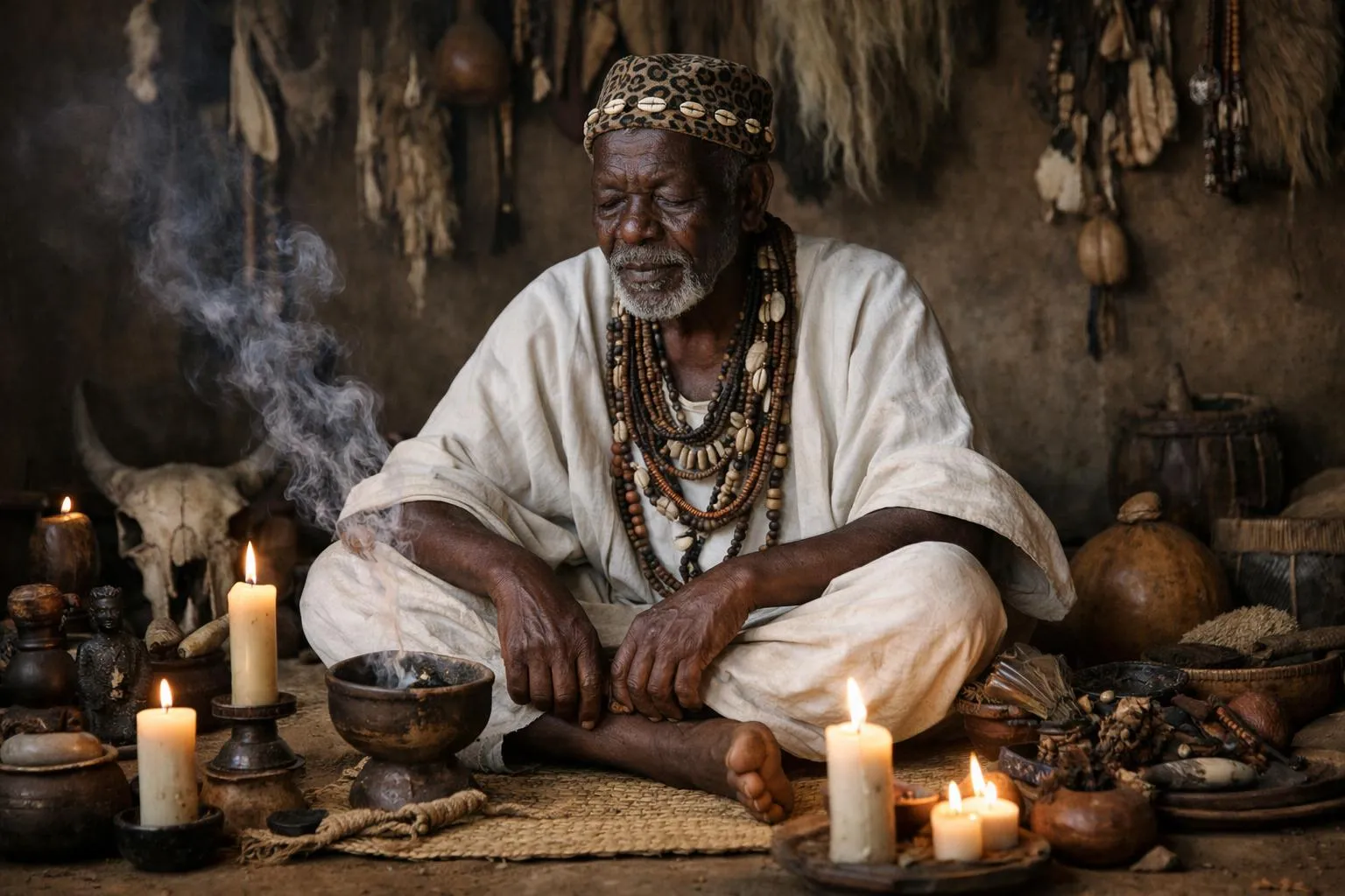 Homme âgé, barbu, assis en tailleur, entouré de bougies et d'objets rituels.
