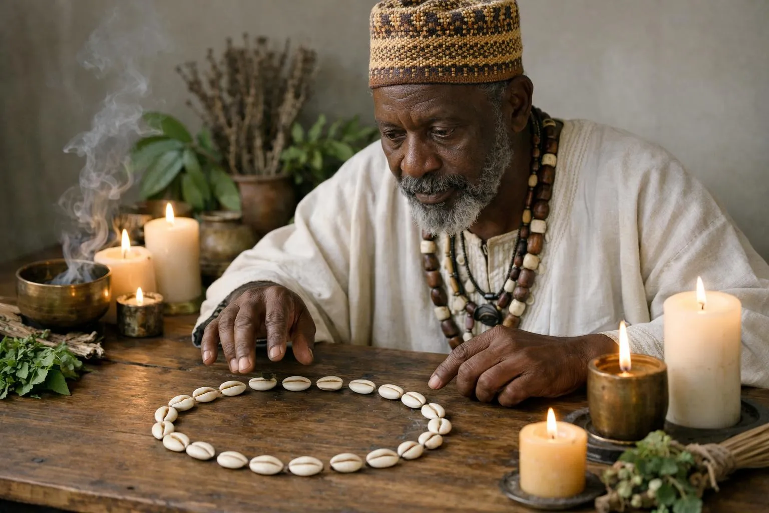 Homme âgé, barbu, portant un chapeau traditionnel, méditant avec des bougies et des plantes.
