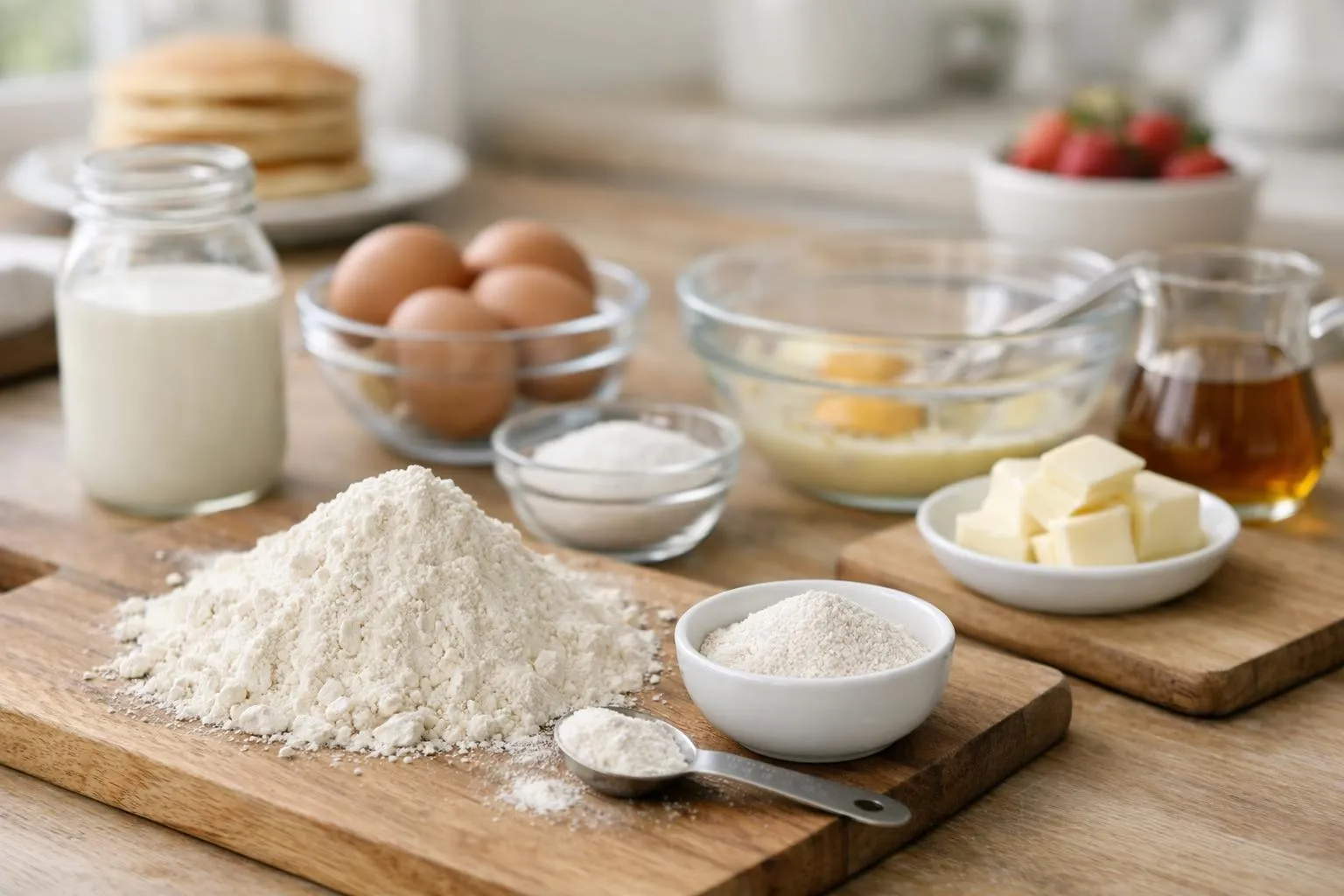Recette Facile Pancakes Moelleux et Épais comme aux USA Ingrédients pour la préparation de pâtisseries sur une table en bois.