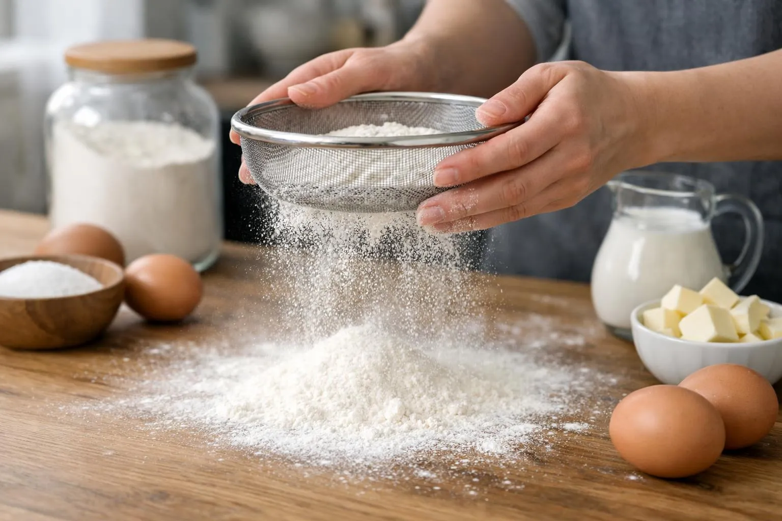 Recette Facile Pancakes Moelleux et Épais comme aux USA Mains tamisant de la farine sur une surface de bois avec des ingrédients de cuisine.