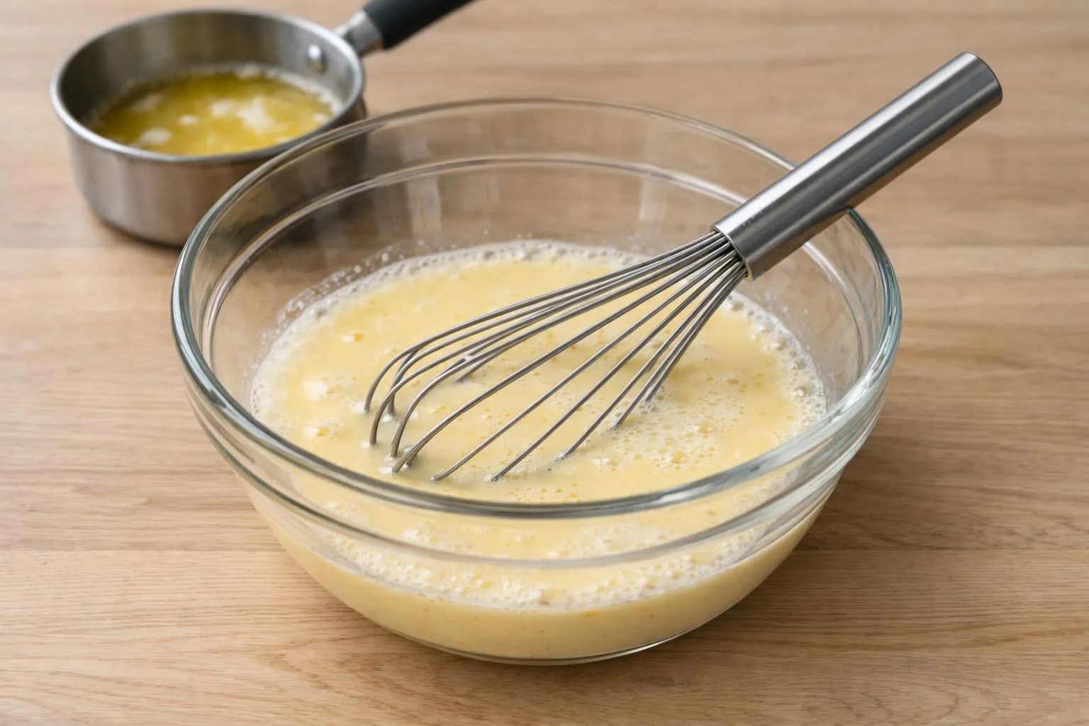 Recette Facile Pancakes Moelleux et Épais comme aux USA Bol en verre contenant un mélange de jaune d'œuf battu, fouet en métal.