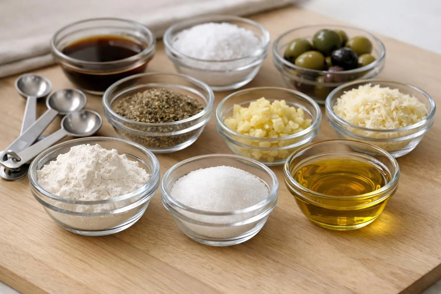 Ingrédients alimentaires variés dans des bols en verre sur une surface en bois.
