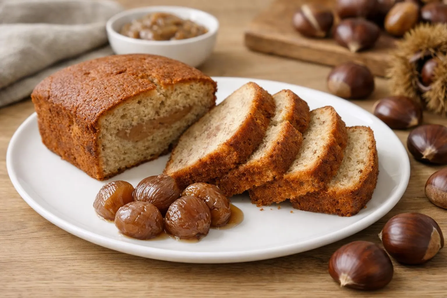 5 Étapes pour Réussir un Gâteau Facile et Original à la Crème Pain de maïs tranché, accompagné de châtaignes rôties et d'une compote.