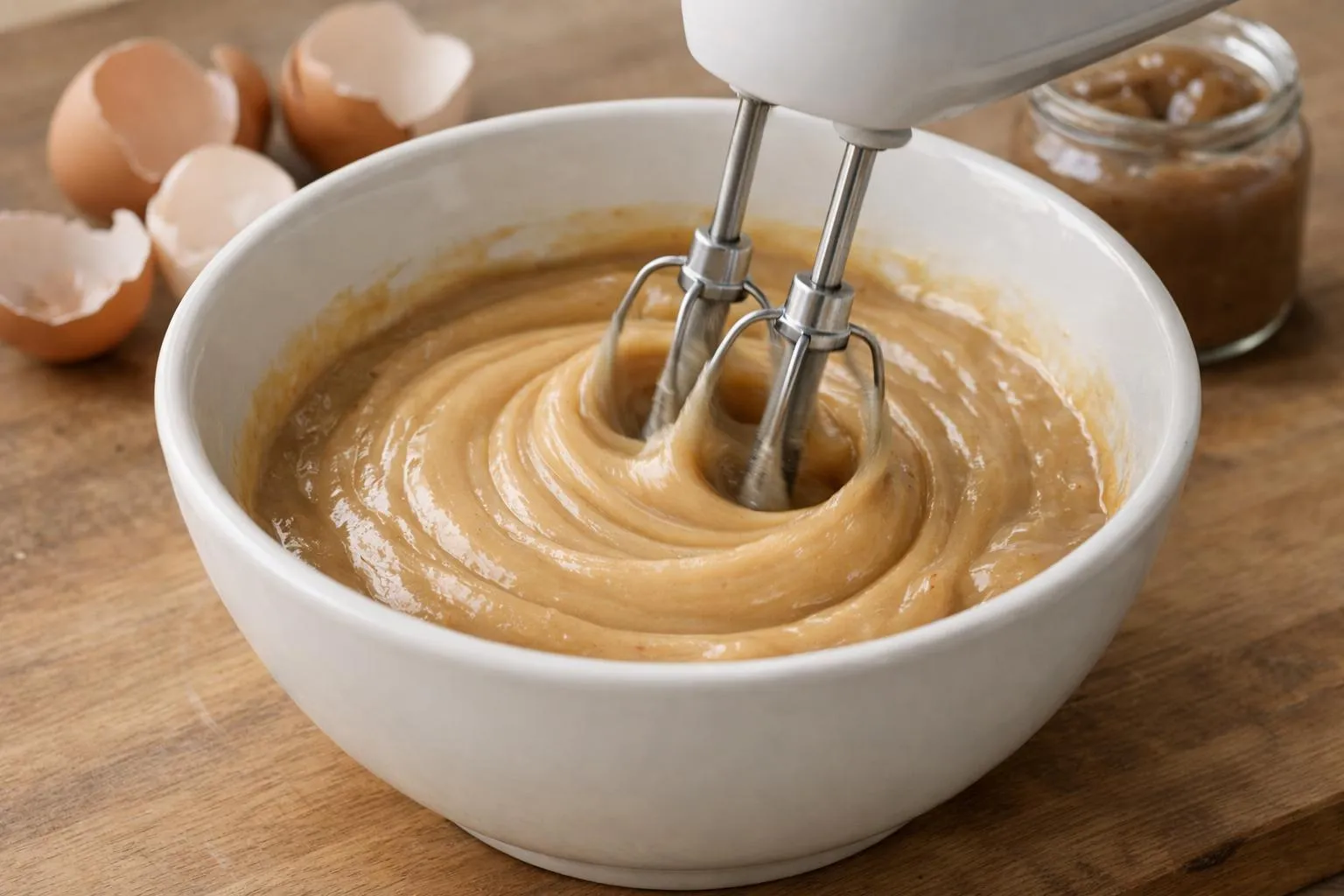 5 Étapes pour Réussir un Gâteau Facile et Original à la Crème Bol blanc contenant une préparation de pâte dorée fouettée.