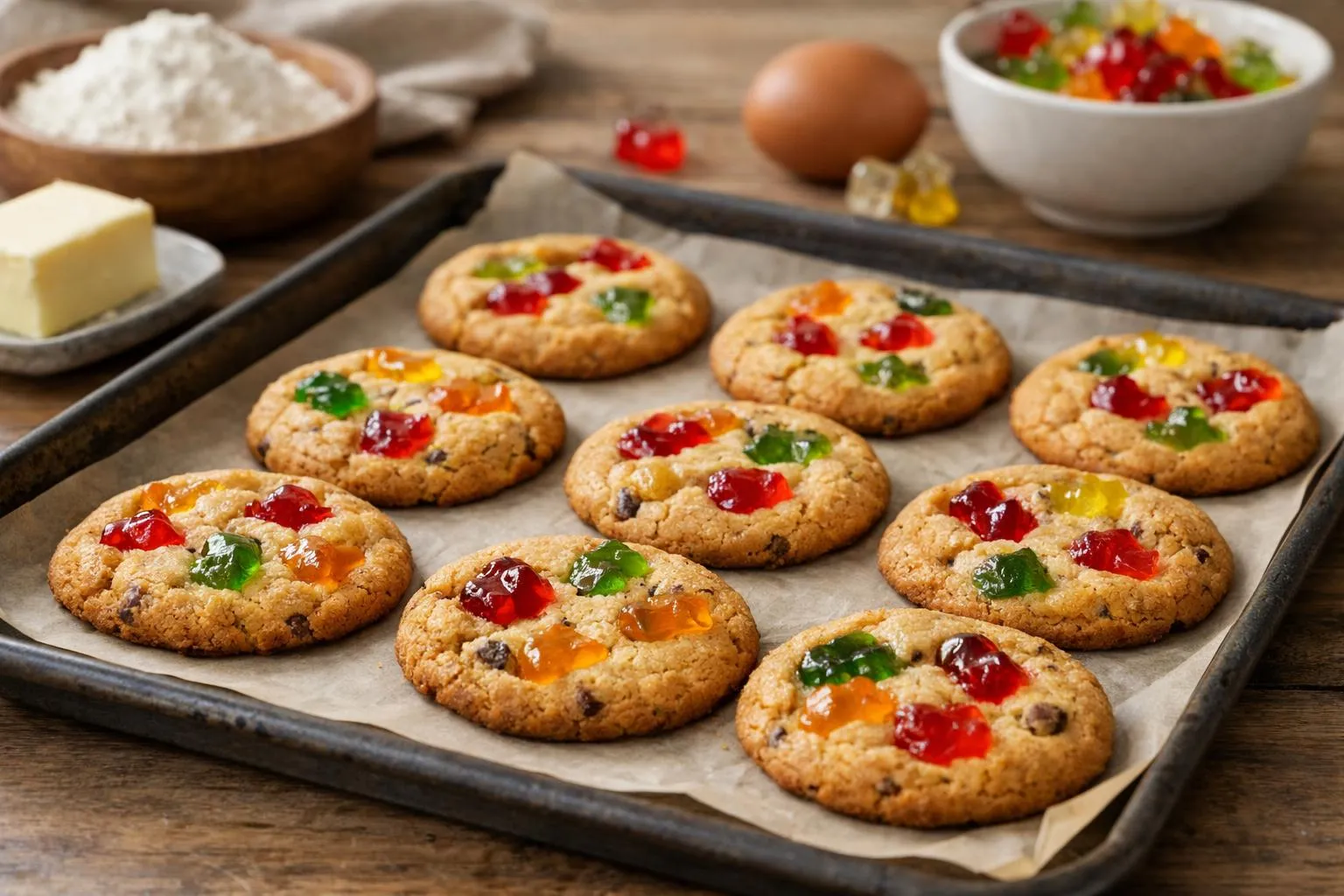 5 étapes pour réussir des gummy cookies moelleux et irrésistibles Biscuits aux fruits colorés sur une plaque de cuisson.