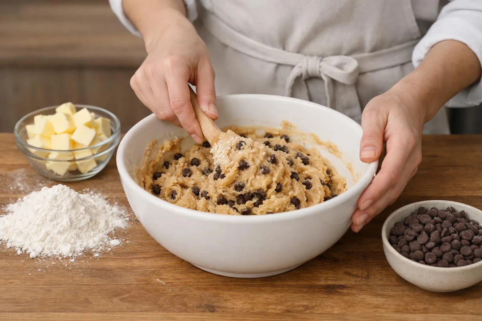 5 étapes pour réussir des gummy cookies moelleux et irrésistibles Préparation de pâte à cookies avec pépites de chocolat et beurre.