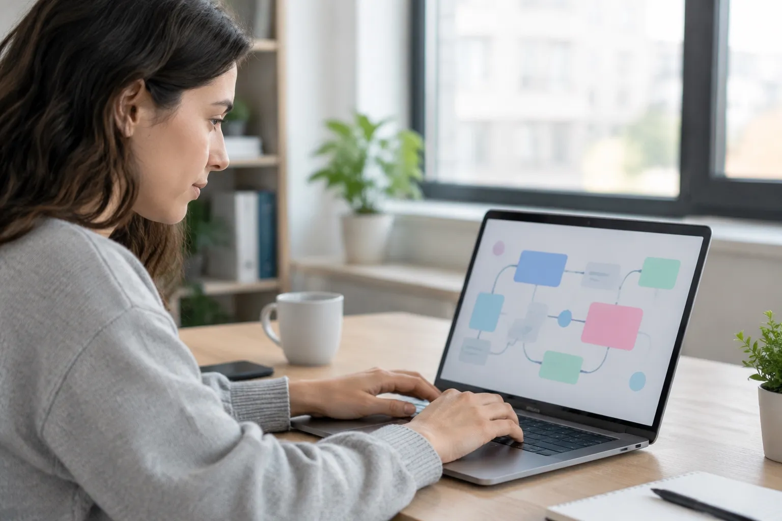 Woman working on flowchart laptop at home desk