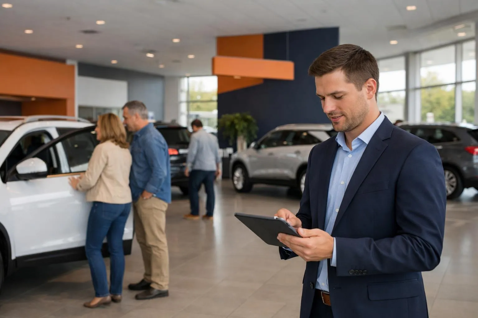 A busy car dealership showroom in a major US city with diverse customers examining vehicles while a sales professional reviews analytics on a digital tablet showing search traffic data