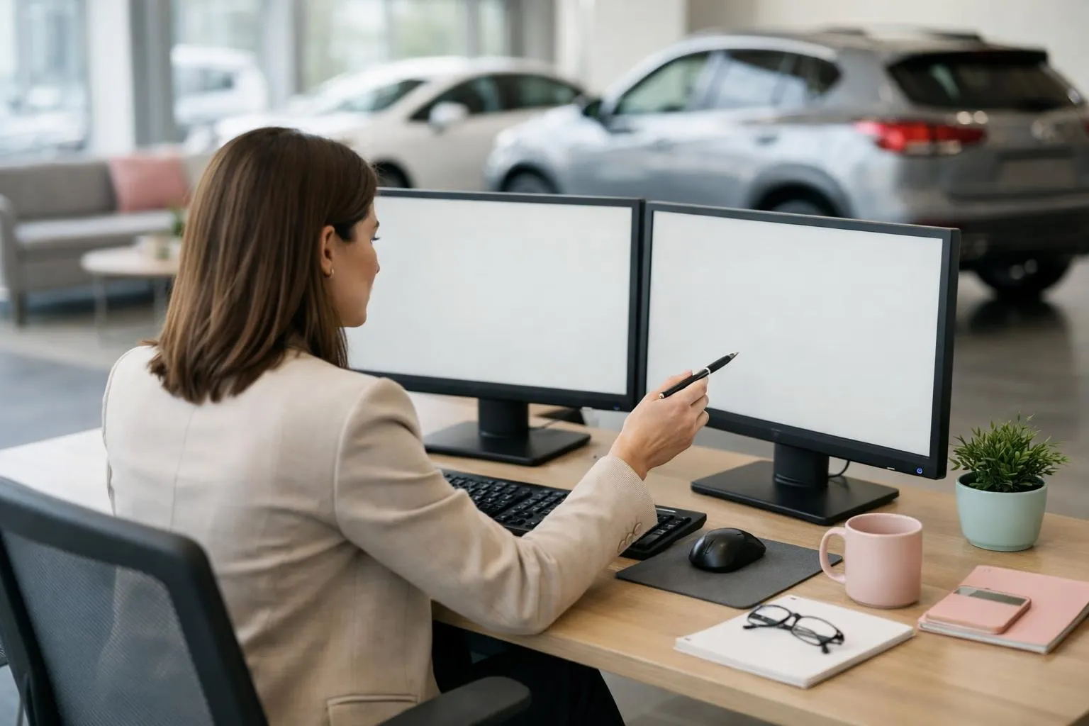 Professional automotive dealership marketing manager reviewing SEO analytics dashboard showing traffic growth charts and keyword rankings on dual monitors in a modern car showroom office