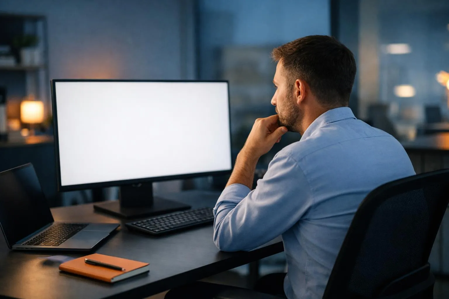 A man in a blue shirt working intently at a computer.