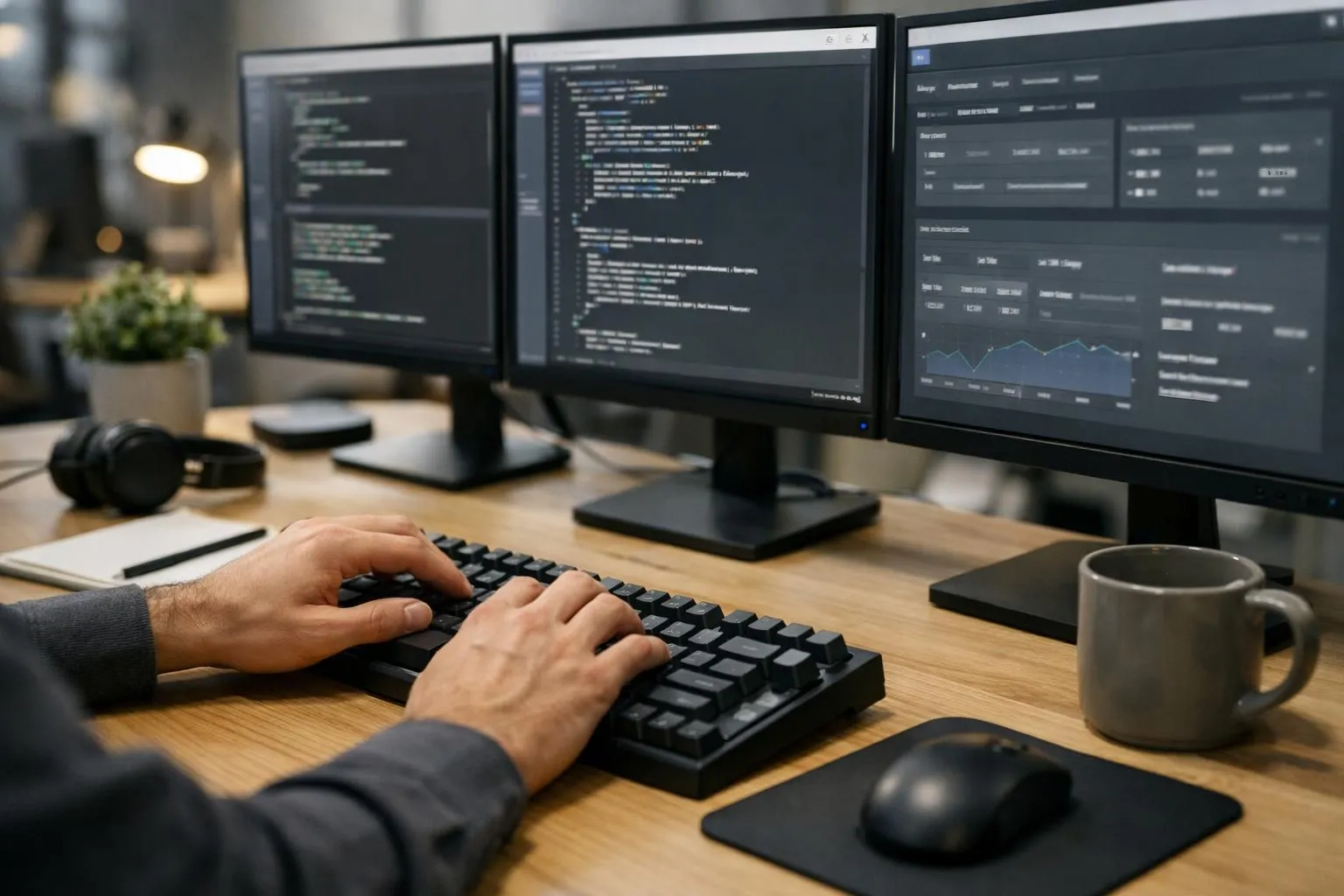 Hands typing on a keyboard, multiple computer monitors displaying code and data.
