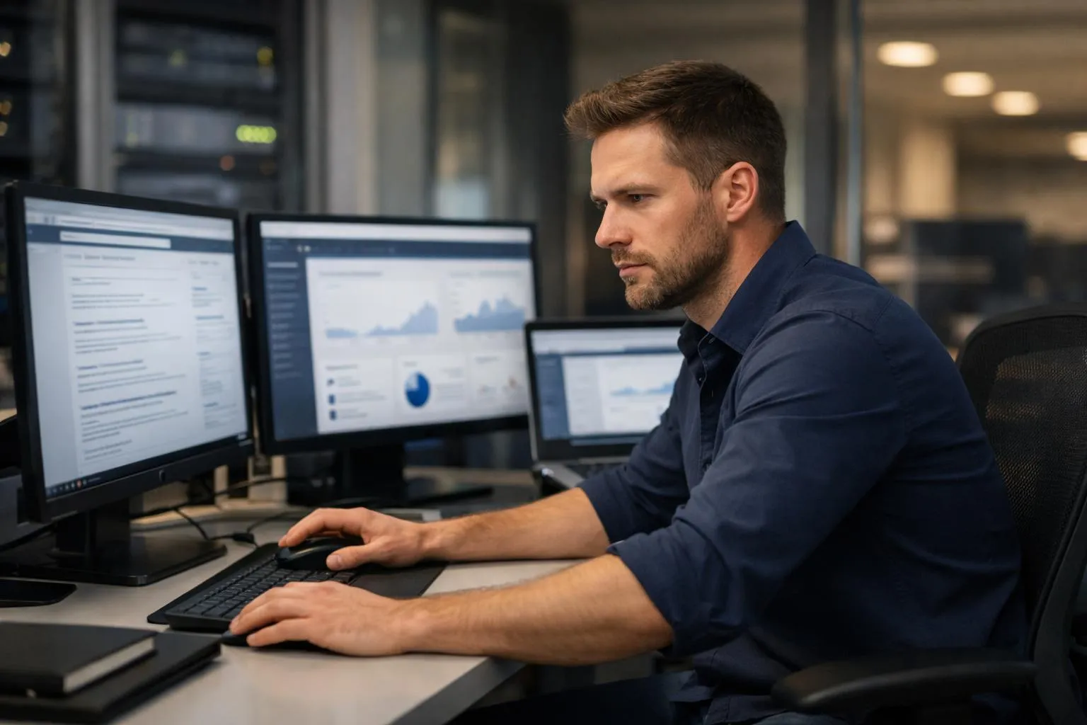 Focused businessman analyzing data on multiple computer screens.